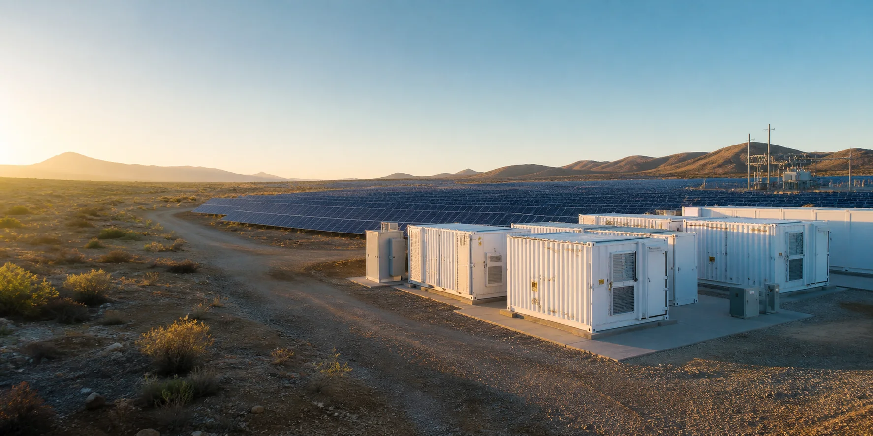 Utility-scale battery storage containers at a grid-side substation in South Africa